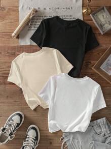 Attitoon Set de 3 camisetas de manga corta, cuello redondo, ajustadas, cortas, con estampados de motocicleta con alas, coche retro y vintage, adecuadas para el verano, para mujer