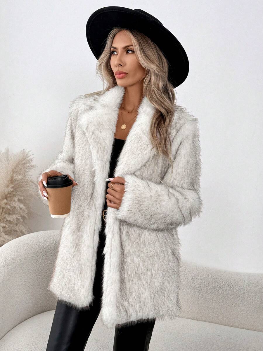 SHEIN LUNE 1 件女式仿狐狸毛领宽松冬季夹克外套，黑帮妻子派对蓬松外套 - 白色 - 查看 1