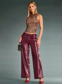 SHEIN BAE Pantalones anchos y sueltos de color borgoña sólido, de material de piel sintética (PU) de uso versátil y minimalista, pantalones cálidos para clima frío, atuendos navideños y de Año Nuevo