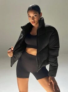 SHEIN Simple Solid Color Stand Collar Thick Padded Sports Jacket For Autumn/Winter - Black - View 8