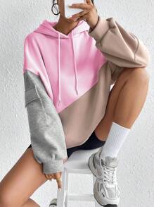 Flirla Women's Solid Color Splice Long Sleeve Pocket Minimalist Hoodie Sweatshirt