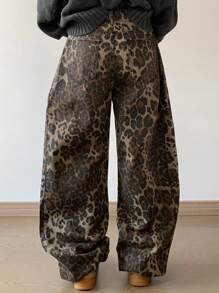 DAZY Women Straight Loose Wide-Leg Long Jeans, Casual Street Style Cheetah Print