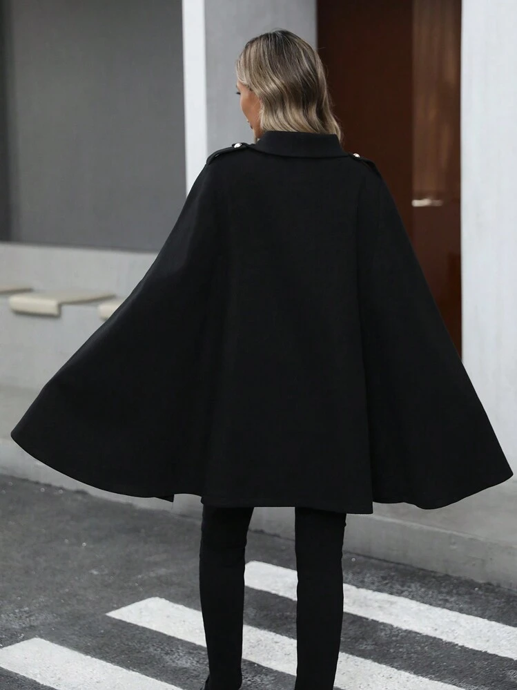 SHEIN Clasi 1個 レディース 無地 前ボタン ポンチョ コート