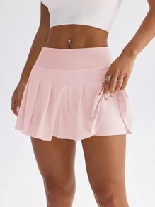 SHEIN Women's Solid Color Pleated Short Sports Skirt/Shorts - Pink - View 3