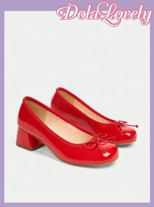 Dola Lovely 圆头浅口蝴蝶结后绑带粗跟浅口鞋，时尚女士高跟鞋，新年假期情人节 - 紅色 - 查看 10