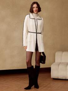 MOTF CONTRAST STITCH DROP SHOULDER OVERSIZE PATCH POCKET LONG CARDIGAN WITH BUCKLE BELT - Apricot - View 2