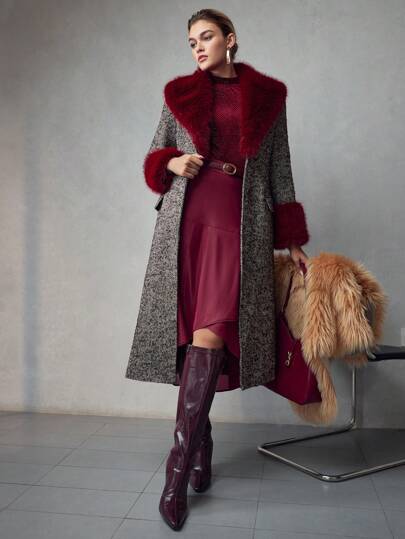 ムートン・ファーコート MOLLIOLLI ABBY overfit long mustang coat brown MW5WCT01XBR Long Wool-Blend Coat with Faux Fur Collar | Swimsuits For All