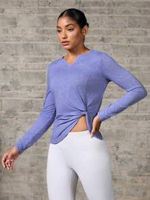 Easithlete Women Plain Notched V-Neck Long Sleeve Casual Sports T-Shirt