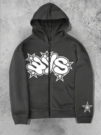 Manfinity Hypemode Men's Front Zip Long Sleeve Letter Print Pocket Hoodie, Casual Everyday Wear