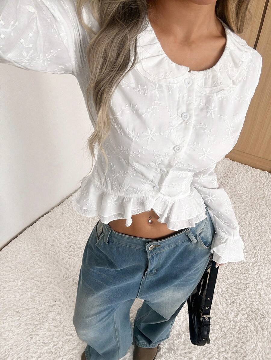SHEIN EZwear Women Elegant Flare Sleeve Layered Ruffle Trim Solid Color Embroidered Fitted Short T-Shirt - White - View 1