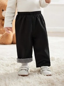 SHEIN Baby Boys Street Style Warm Comfortable Thermal Lined Straight Leg Pants, Suitable For Outings, Daily Gatherings, Autumn/Winter Season - Black - View 1