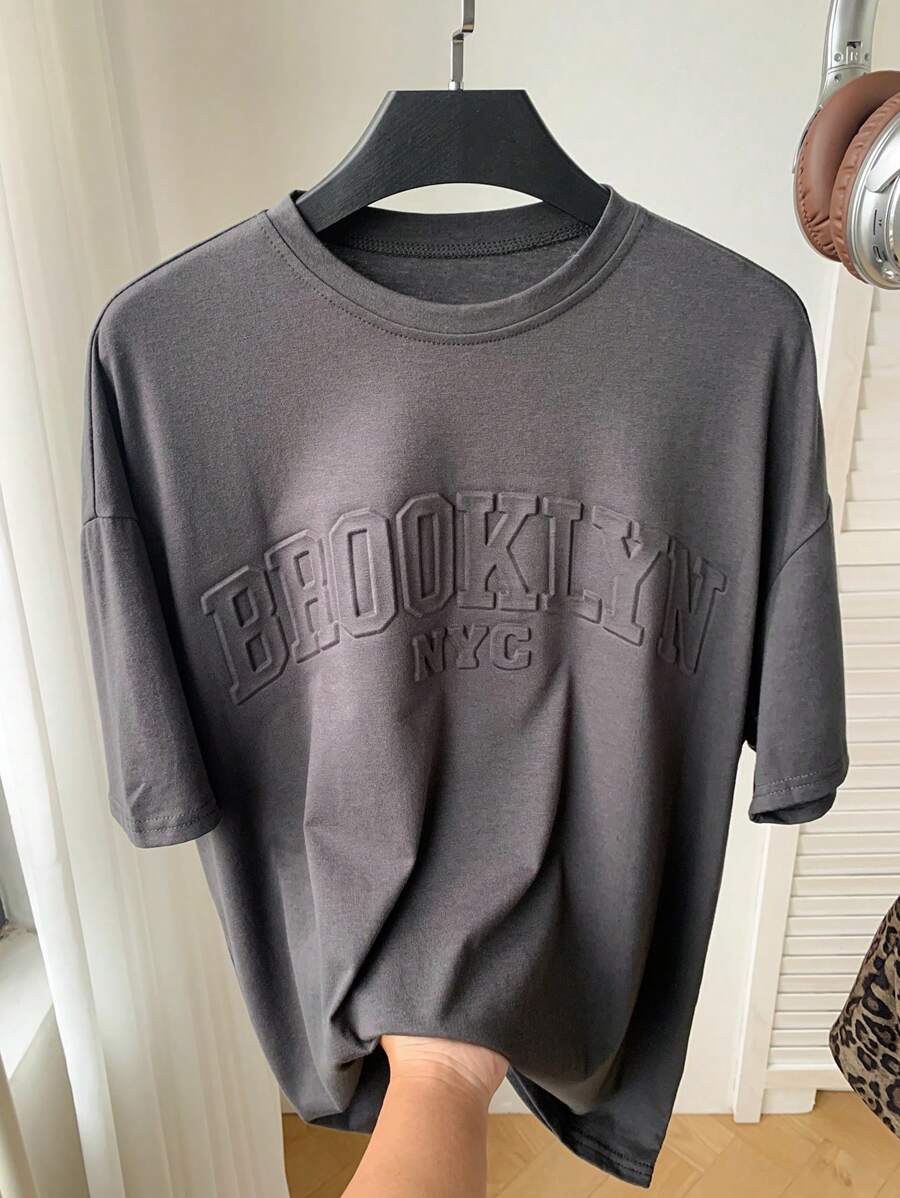 Comfortcana Letter Embossed Drop Shoulder Baggy Tee - Dark Grey - View 1