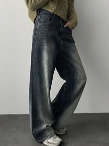 DAZY Quần Jeans Ống Rộng Rộng Rộng Cho Nữ - Rửa tối - Xem 3