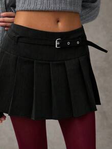 SHEIN BAE Women Gray Solid Color Commuter/Fashionable Versatile/Girlfriends' Gathering/Office Siren/Greyscale Outfit Pleated Casual Mini Skirt/Pleated Mini Skirt/Pleated Woven Twill Skirt/Skater Skirt/Going Out Skirt