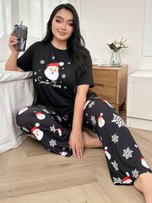 Plus Size Santa Claus Print Sleepwear Set, For Christmas - Multicolor - View 1