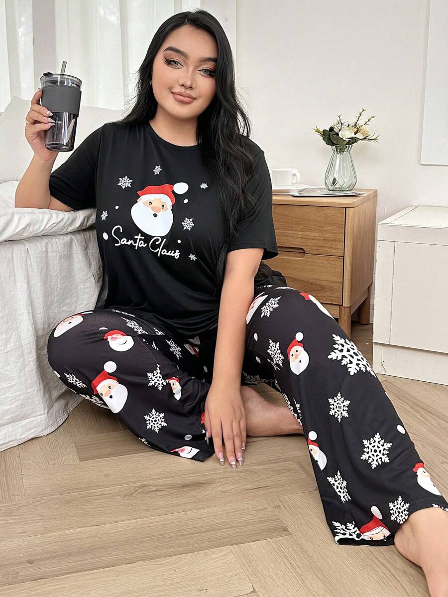Plus Size Santa Claus Print Sleepwear Set, For Christmas - Multicolor - View 1
