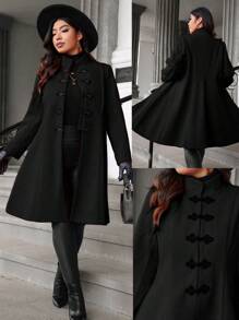 Celure Manteau en tweed mi-long, col montant style chinois, design avec boutons, taille en A, coupe grande taille