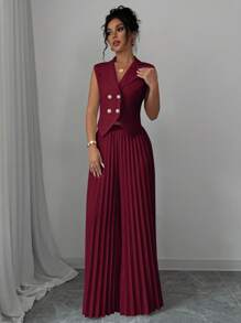 Elenzga Women's Solid Color Front Button Sleeveless Simple Top And Pants Suit, Elegant Set