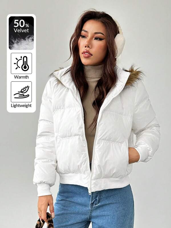 SHEIN PETITE Women's Hooded Fur Collar Down& Feathers Jacket Is Warm And Suitable For Autumn And Winter