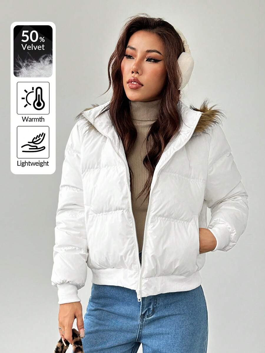 SHEIN PETITE Women's Hooded Fur Collar Down& Feathers Jacket Is Warm And Suitable For Autumn And Winter - White - View 1