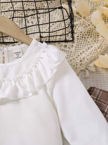 SHEIN Young Girl Fashion Casual Ruffle Trim White Shirt Matched With Plaid Straight Wide-Leg Pants, 2pcs Set - Purple - View 3