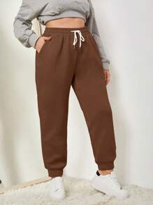SHEIN EZwear Pantaloni della tuta stile sportivo casual con coulisse in vita e gamba stretta, taglie comode - Castano - Visualizzare 1