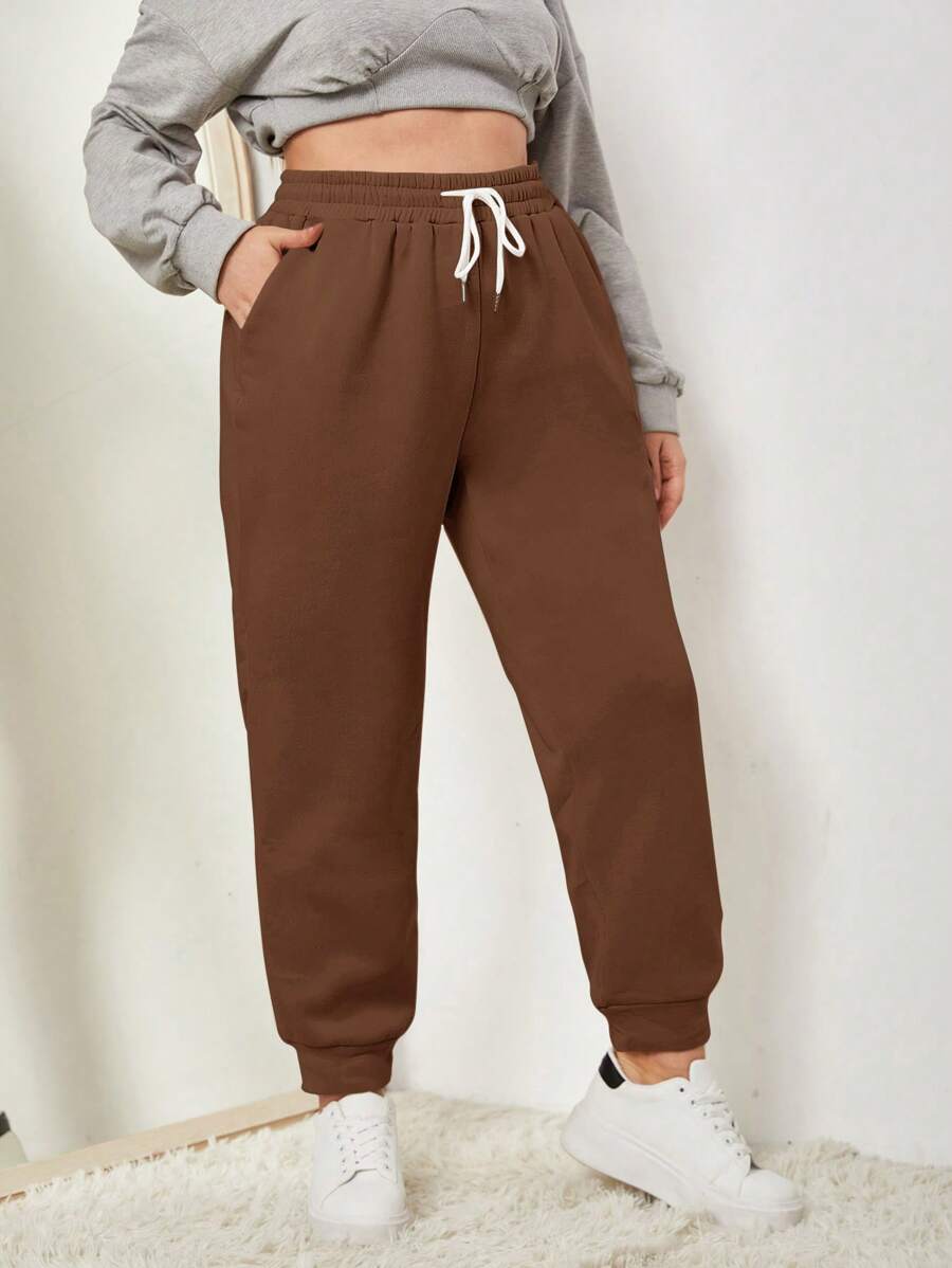 SHEIN EZwear Pantaloni della tuta stile sportivo casual con coulisse in vita e gamba stretta, taglie comode - Castano - Visualizzare 1