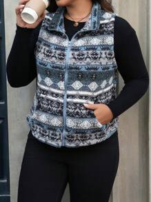 SHEIN LUNE 大码正面拉链无袖夹克，带图案细节，适合日常休闲穿着 - 藍色 - 查看 6