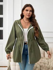 SHEIN LUNE Plus Size Women Casual Solid Color Lantern Sleeve Drawstring Waist Zipper Front Hooded Coat, Autumn Winter Green Holiday Outfit Thermal