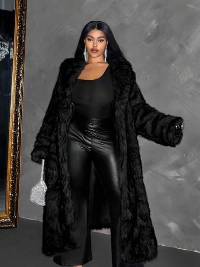 Maweii 大码女式奢华纯色超长蓬松外套，适合冬季