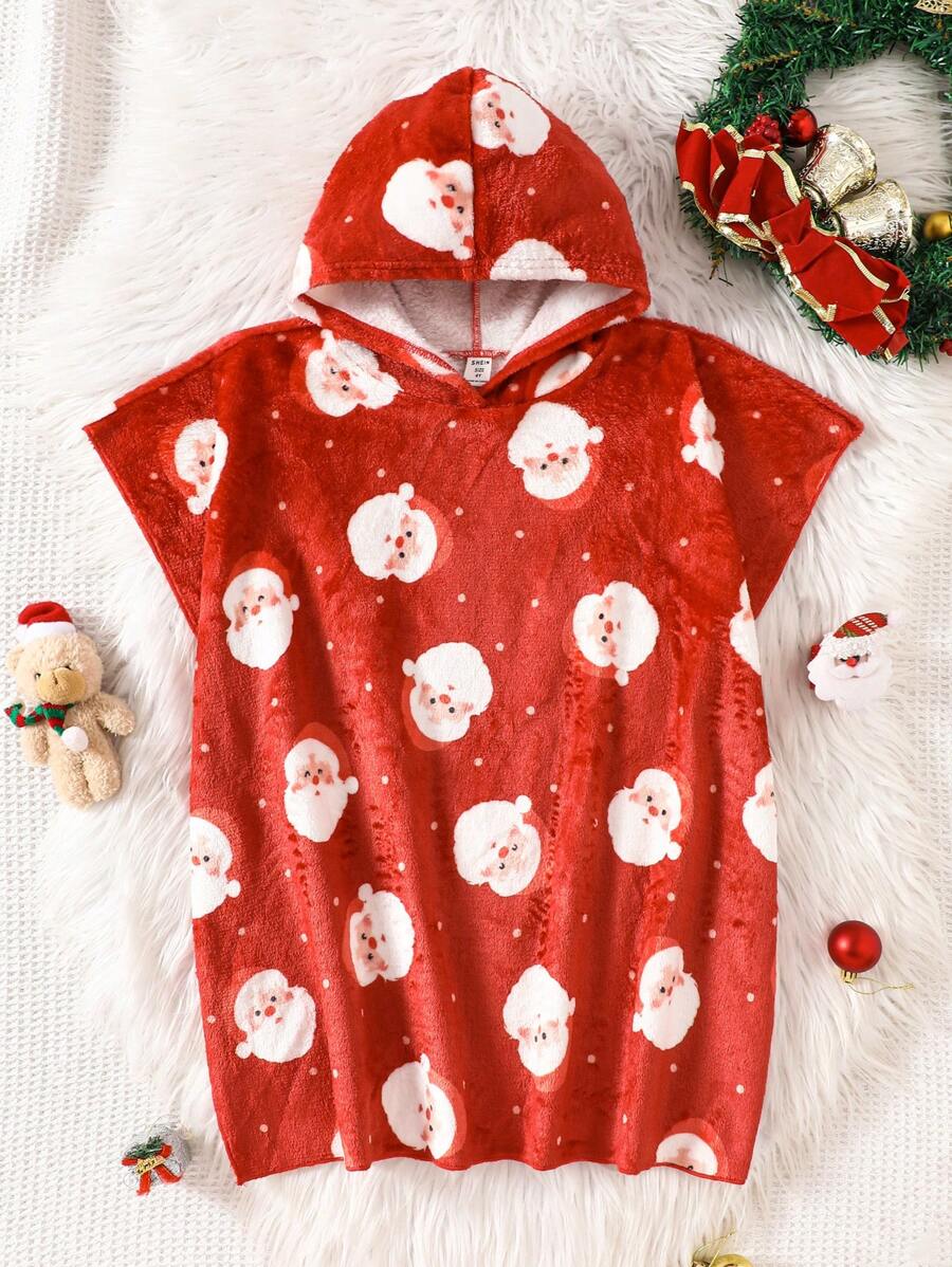 SHEIN Young Girl Santa Claus Pattern Hooded Soft & Comfortable Flannel Bathrobe For Christmas - Red and White - View 1