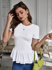 INAWLY Camiseta de mujer de verano de unicolor, cuello redondo, manga corta y bajo con volantes - Blanco - Ver 7