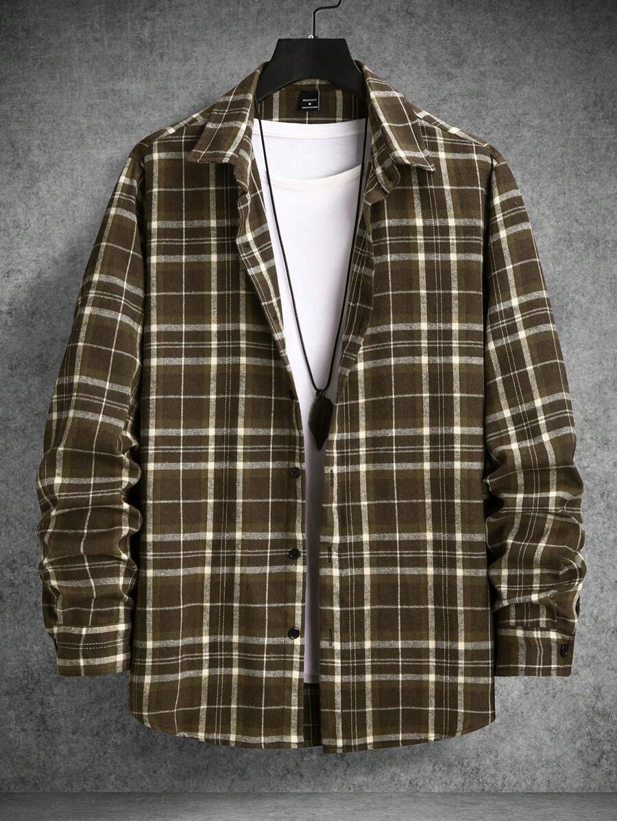 Manfinity Homme Áo sơ mi nam dài tay kẻ sọc cài nút thường ngày, mùa thu - màu nâu - Xem 1