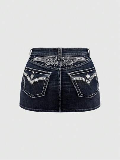 J-Fashion Minigonna di jeans in stile Y2K, vita bassa, con decorazione a ricamo ad ali e strass, per donna taglia curvy, adatta per l'estate