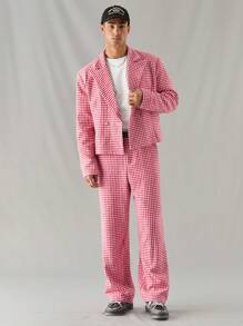 Manfinity VCAY 2pcs Young Men Casual Woven Plaid Loose Fit Open Front Long Sleeve Jacket And Elastic Waist Pants Suit Set