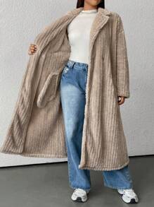 SHEIN EZwear Plus Size Women's Khaki Fuzzy Long Coat, Autumn/Winter