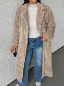 SHEIN EZwear Plus Size Women's Khaki Fuzzy Long Coat, Autumn/Winter