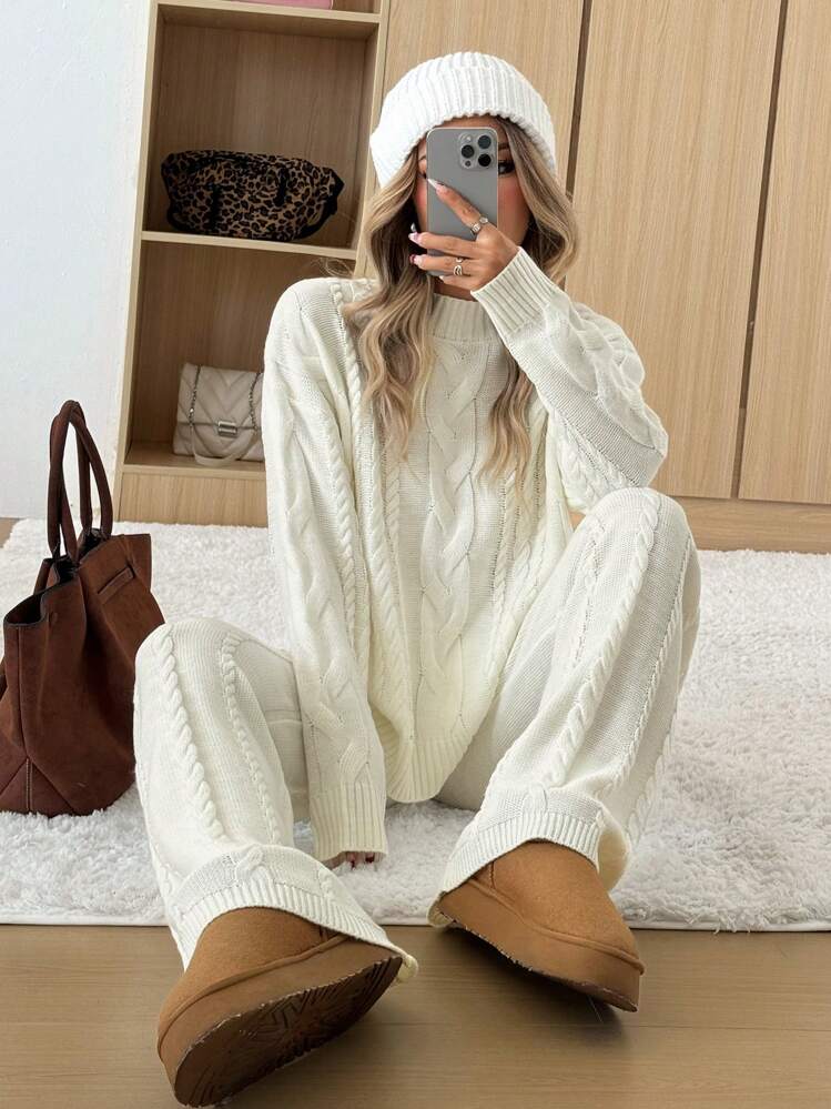 SHEIN EZwear Ensemble casual femme de couleur unie, avec Top à col rond et manches longues, et pantalon. Tenue pour l'automne/hiver