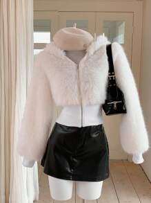 Comfortcana Veste décontractée en fourrure femme, couleur unie, manches longues, à capuche, avec zip, pour l'automne/l'hiver