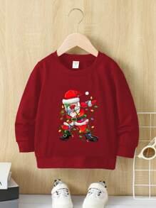 Young Boy Christmas Cartoon Pattern Red Round Neck Print Sweatshirt, Autumn/Winter - Red - View 2