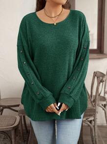 SHEIN LUNE Camiseta de manga larga de talla grande con cuello de equipo acanalado, unicolor, holgada, con decoración de botones para otoño