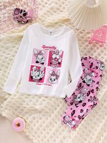 SHEIN 小女孩圣诞鳄梨印花白色上衣和绿色裤子 2 件套舒适贴身睡衣套装 - 彩色 - 查看 5