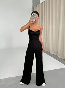 Flirla Suspender Jacquard Textured Fabric Wrap Ruched Cami Wide Leg Jumpsuit For Women, Randomly Cut, Autumn - Black - View 4