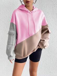 Flirla Women's Solid Color Splice Long Sleeve Pocket Minimalist Hoodie Sweatshirt