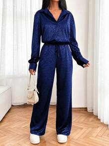 SHEIN Cottnline Foil Leopard Printed Blouse And Drawstring Slant Pockets Long Pants Elegant Cozy 2pcs Set - Blue - View 5