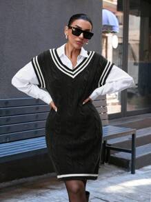 RueChic Casual Mini Cable Knit Contrast Color Stripe Hem Sweater Dress