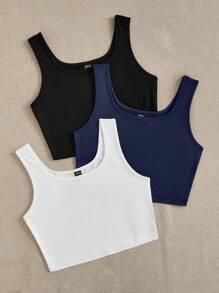 SHEIN EZwear 3 件套休闲简约圆领短款修身背心，女士，夏季 - 彩色 - 查看 4