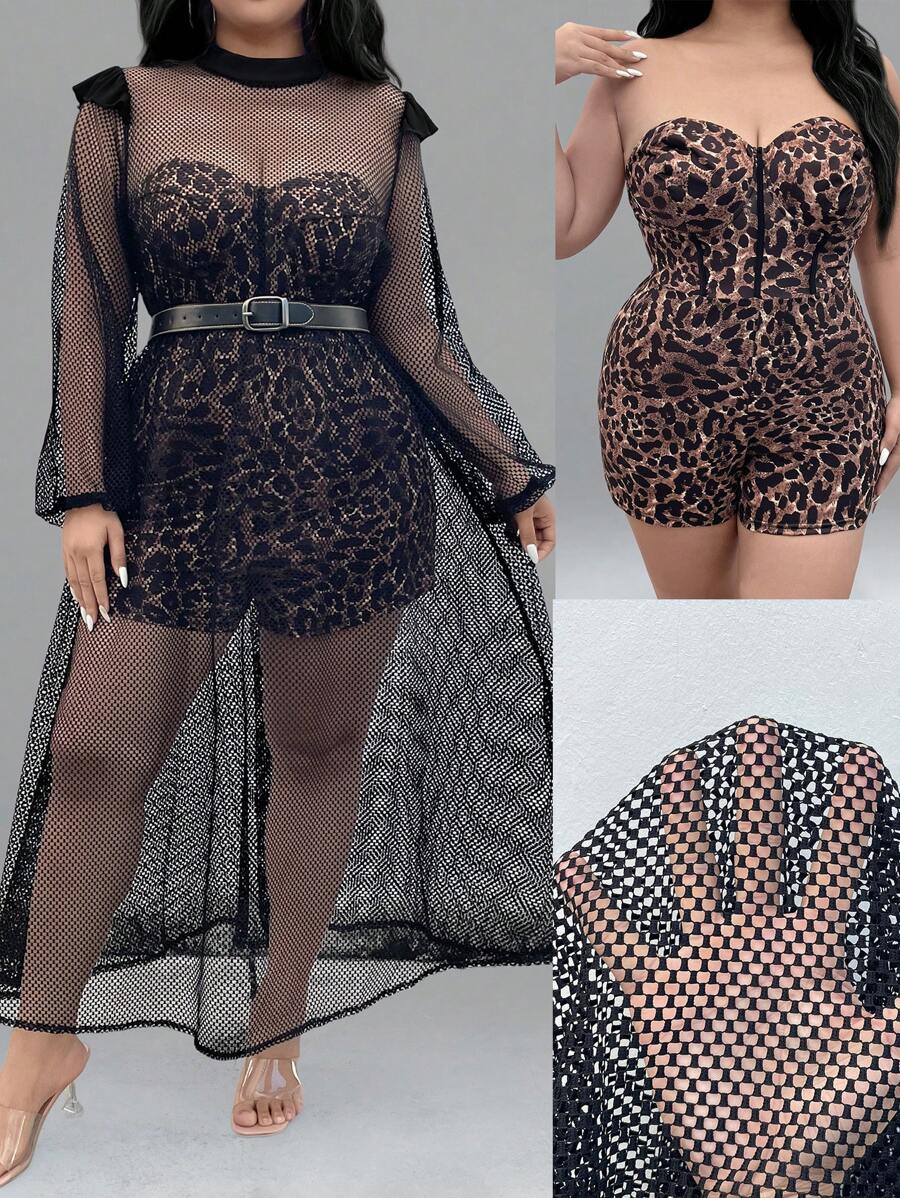 Allurite Robe en maille transparente sexy grande taille + ensemble 2 pièces hauts court bandeau imprimé léopard et short