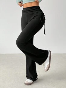 SHEIN PETITE Pantalon flare noir slim avec cordon de serrage latéral, style de mode de rue rétro pour femmes - Noir - Voir 6