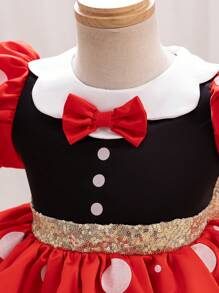 Glamorique Kids Christmas Party Santa Dress, New Year's Dress For Young Girl - Black & White Polka Dot, Sparkle Print, Puff Sleeve Princess Dress With Tiered Skirt, Bowknot, Gold Glitter Stage Performance Costume